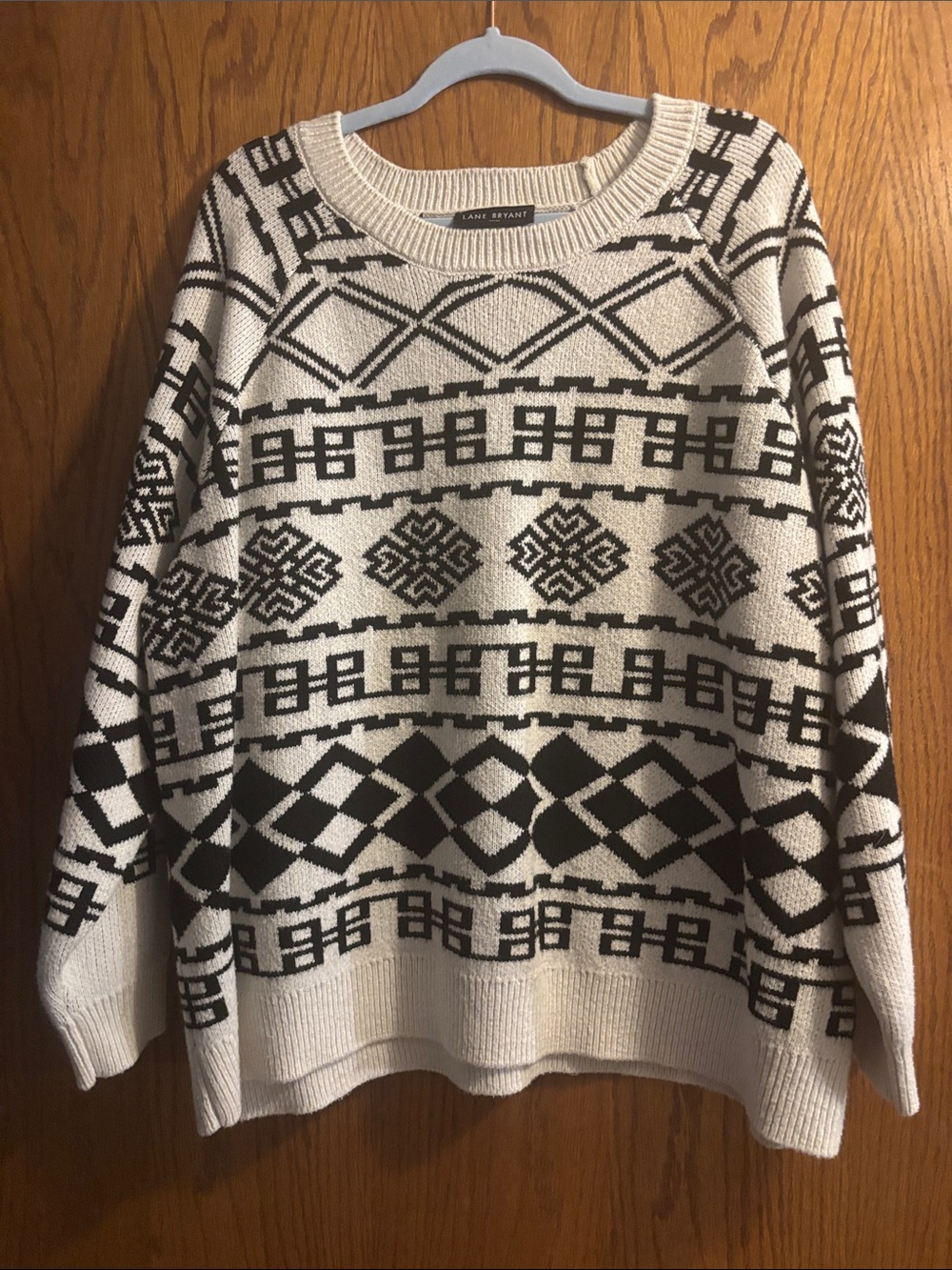 Lane Bryant Black and Cream Geometric Crewneck Sweater